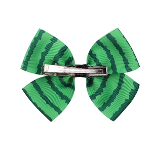 Cute green watermelon stripe pattern bow hair clip with silver metal alligator grip