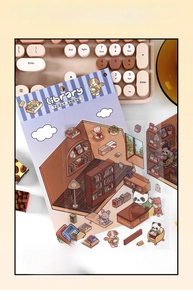 Detailed view of DIY library-themed PET stickers with cute cartoon animals and bookshelf