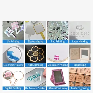 Custom makeup mirrors showing UV printing, laser engraving, and silk screen techniques