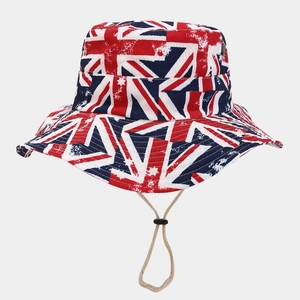 Wide brim bucket hat with vintage Union Jack print and adjustable windproof cord