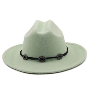 Retro light green wool felt wide brim fedora hat with vintage metal button band decoration