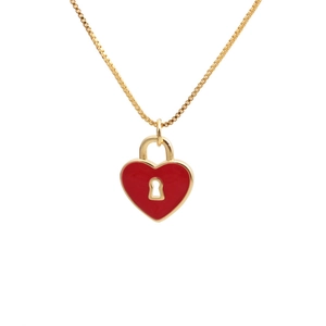 Punk style heart lock necklace with red enamel and gold evil eye box chain detail