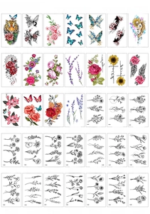 Detail view of 35 waterproof tattoo stickers featuring flowers, tigers and butterflies