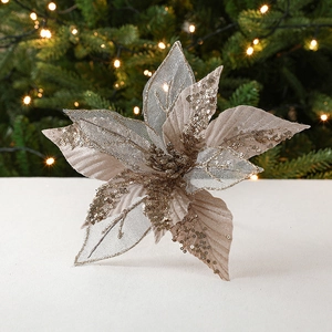28cm champagne glitter poinsettia flower for elegant Christmas tree decoration