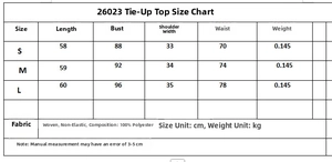 Size guide for women lace-up top and wide-leg pants set in centimeters and kilograms