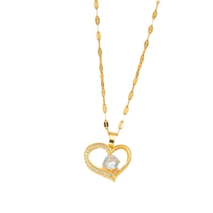 Elegant gold titanium heart necklace with micro-pave diamonds and oval leaf chain