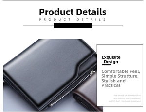 Close-up of pebble grain leather texture and metal zipper detail on men's wallet