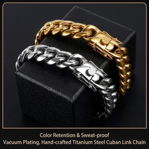 Polished titanium steel Cuban link bracelets in gold and silver finish with textured clasp