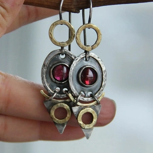 Retro Dangle Earrings Alloy Antique Silver Brass Tone With Red Stone Geometric Triangular Oval Hollow Ethnic Gypsy Style