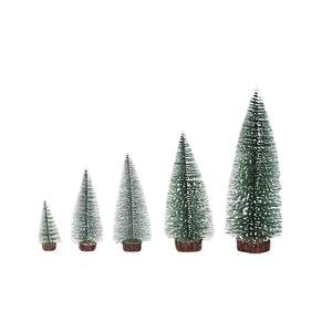 Five assorted mini sisal snow pine trees with white frosting and wooden bases