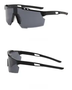 Detail of black cycling sunglasses with lightweight semi-rimless frame and vented temples