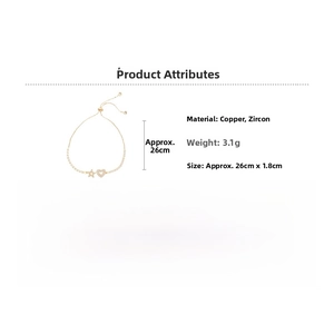Detailed view of zircon star and heart gold bracelet with adjustable chain length dimensions