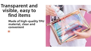 Detailed view of holographic TPU cosmetic bag with transparent waterproof material