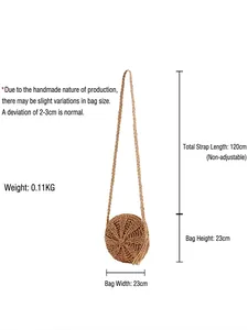 Minimalist round woven straw bag with tassel detail and thin shoulder strap for women