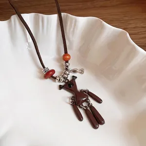Cute brown bear pendant necklace with suede long rope chain and colorful beads