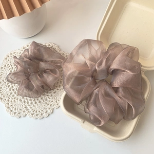 Elegant champagne organza scrunchies set in a stylish still life display for women