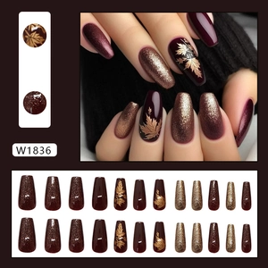 Deep reddish brown amber gold maple leaf long coffin shape press-on nails 24pcs set