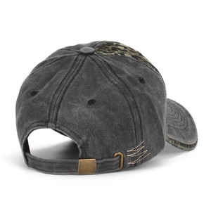 Detail view of washed cotton baseball cap with leopard print panels and metal buckle