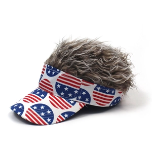Detail of creative American flag baseball cap with thick brownish synthetic wig on top