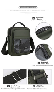 Detail view of durable olive camo crossbody bag with rubber handle and sport logo