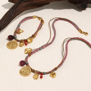 Ethnic 18K gold plated sun pendant necklace and bracelet set with colorful woven cord