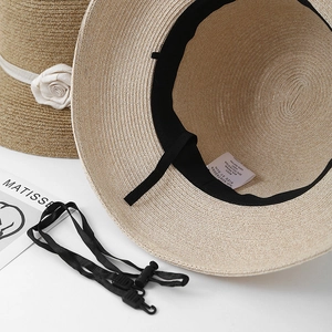 Détail d'un chapeau de paille avec rose en tissu 3D et cordon coupe-vent noir amovible