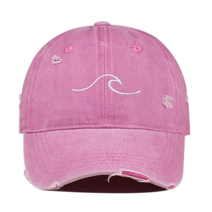 Pink vintage washed cotton baseball cap with wave embroidery and distressed ripped details