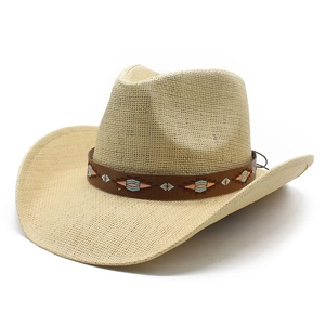 Classic straw western cowboy hat with ethnic embroidered leather band on white background