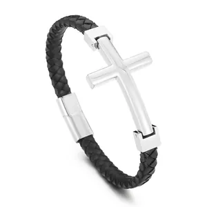 Braided Leather Bracelet With Stainless Steel Cross Charm Magnetic Clasp Trendy Ethnic Style Wristband For Men
