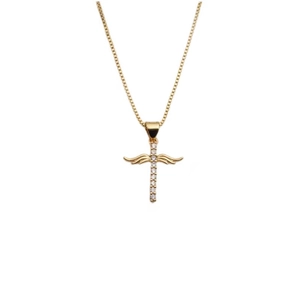 Elegant gold cross necklace with wings and shimmering zircons on white background