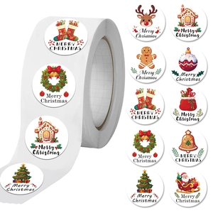Christmas Round Stickers Waterproof PVC Matte Cartoon Santa Reindeer Merry Christmas Gift Wrap Labels Decoration