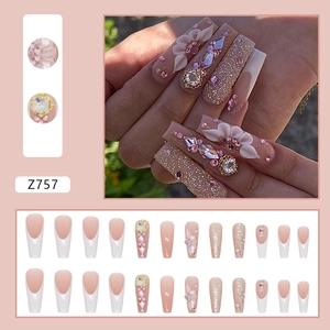 French long trapezoid press-on nails with 3D white flowers, rhinestones and glitters