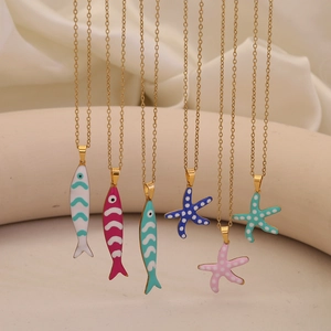 Ocean Starfish Fish Pendant Necklace Stainless Steel Enamel Colorful Summer Beach Jewelry For Women Girls