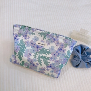 French style floral cotton makeup bag with purple flower print and simple wish label