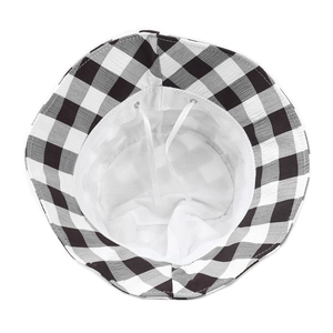 Close-up of the interior cotton texture and white adjustable drawstring on a gingham bucket hat