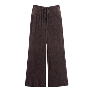 Metallic dark purple wide-leg trousers with drawstring waist in shiny glitter fabric