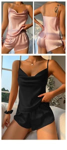 Luxurious satin pajama set with spaghetti straps and side slit shorts in pink and black