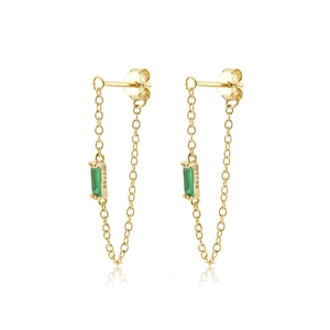 S925 sterling silver tassel drop earrings with square green zircon stones in gold finish