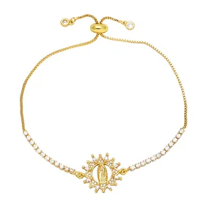 Gold Virgin Mary bracelet with shimmering zircon pavé and adjustable slider clasp