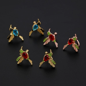Exquisite hummingbird drop earrings in blue, red, and green crystals with gold finish