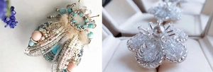 Detail of DIY jewelry kits featuring handmade bead brooches with Miyuki glass beads