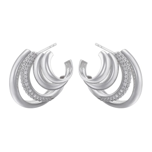 Elegant triple-layered C-shaped stud earrings with sparkling cubic zirconia in silver