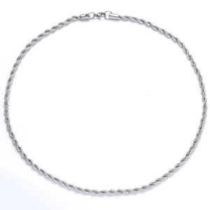 Detailed close-up of a silver stainless steel twist chain necklace with lobster clasp