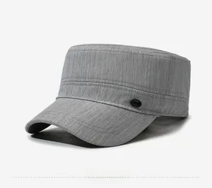 Side view of a premium gray men's flat top cap with subtle textured fabric details