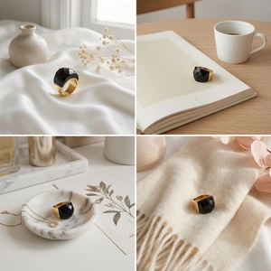 Detailed views of 18k gold plated chunky ring with faceted black crystal in lifestyle settings