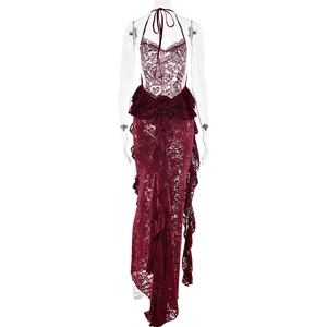 Detail of red lace dress showing halter neck straps and ruffle back design