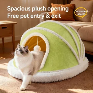 Cama Tienda Para Gatos Semicerrada Nido De Felpa Cálido Casa De Invierno Engrosada Cama Plegable Verde