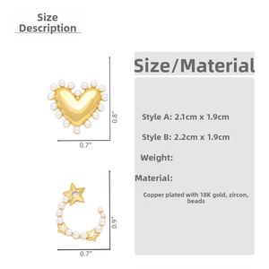 Size chart for heart and star pearl earrings with 18K gold plating and zircon details