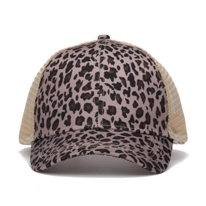Detail of leopard print trucker hat featuring breathable mesh back and classic curved brim