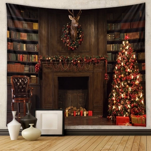 Cozy Christmas fireplace backdrop with a vintage library and festive tree tapestry